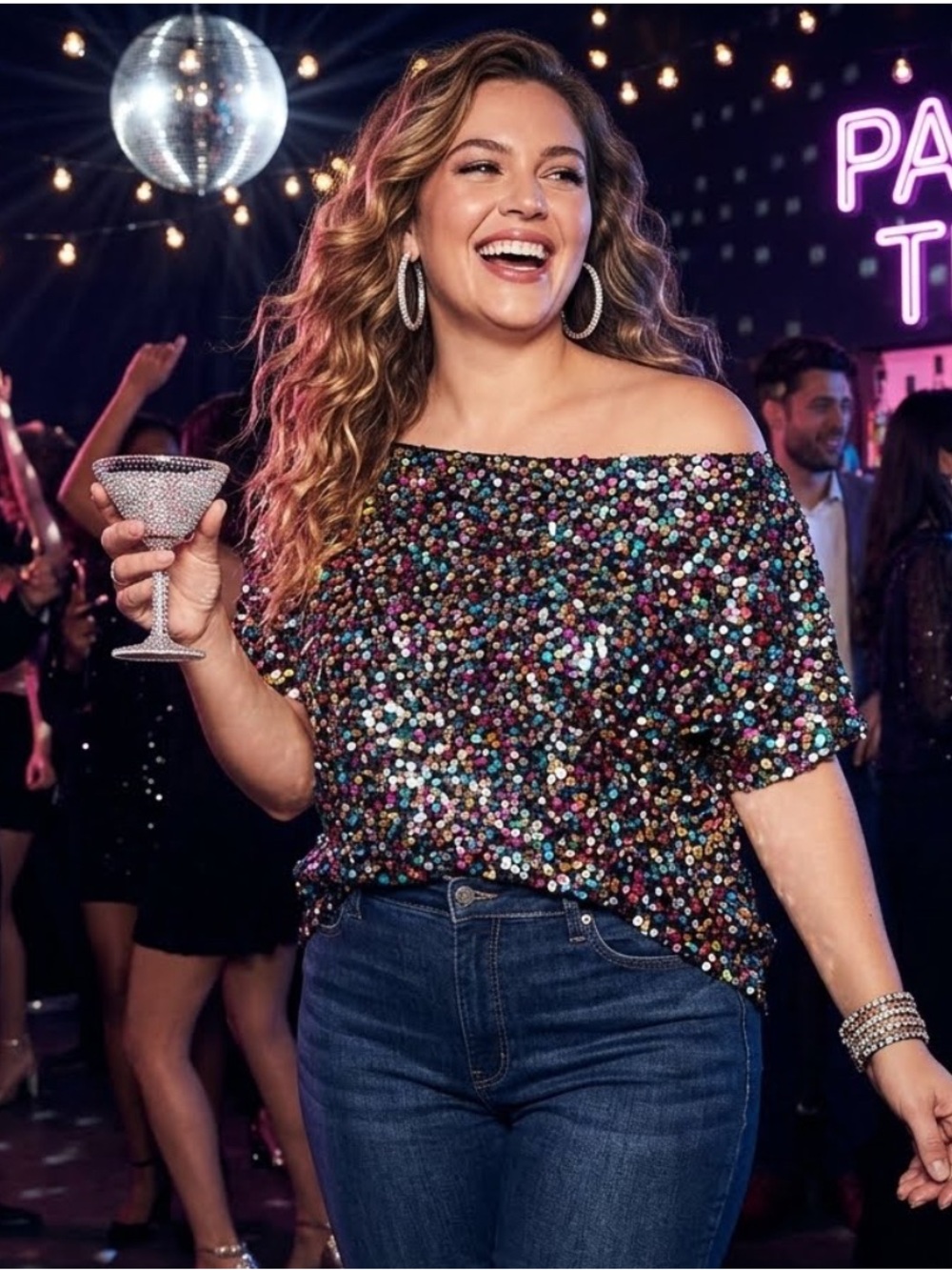 Anna-Kaci Womens Multicolor Sequin Off Shoulder Top Sparkly Blouse Plus Size 3XL